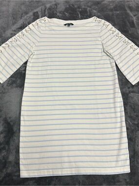 Ralph Lauren White and Light Blue Striped Lace-Up Sleeve Shift Dress